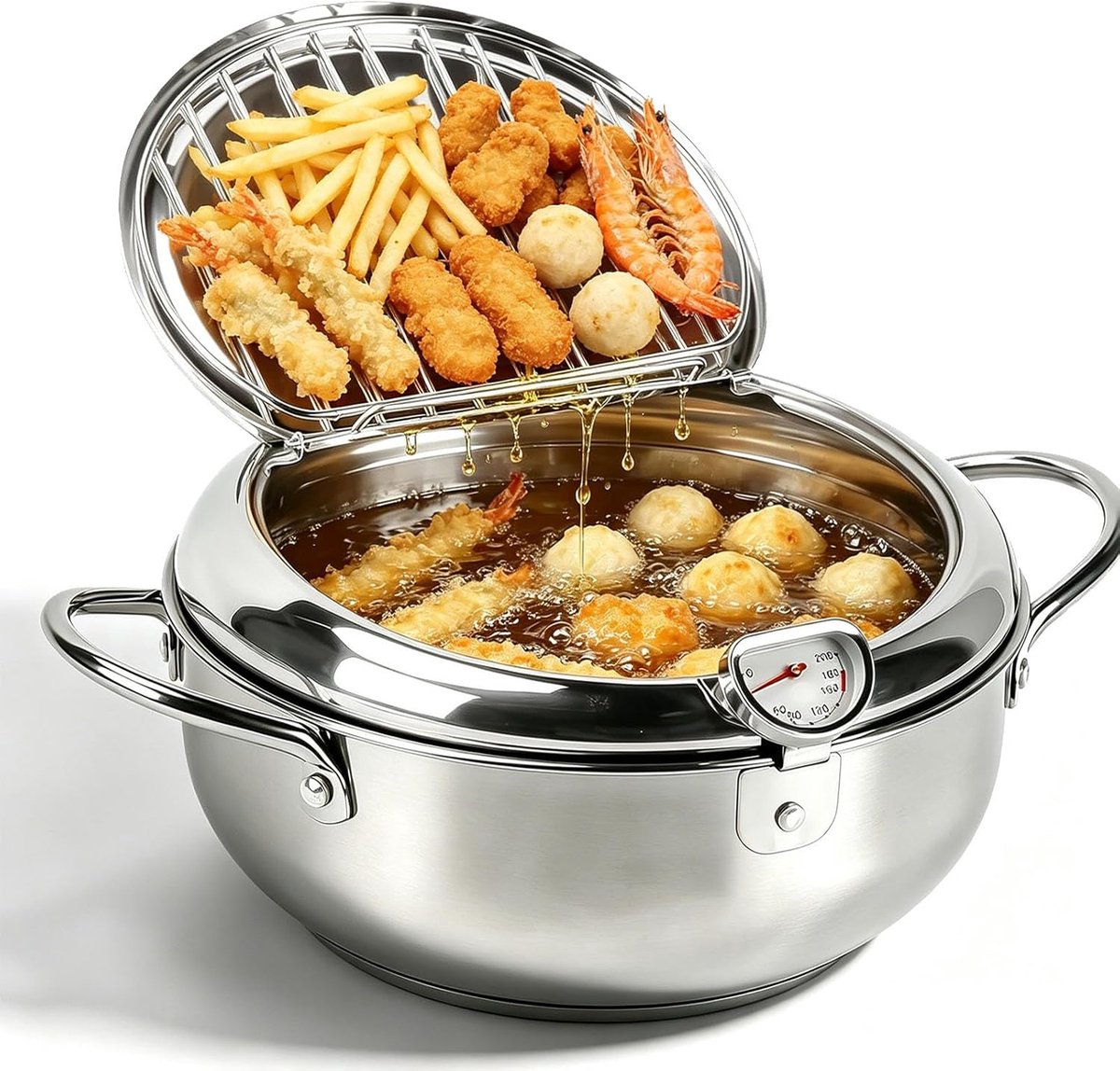 Roestvrijstalen Friteuse - Japanse stijl pot - Frituren aan huis - Met ingebouwde thermometer - 2.2 Liter inhoud - Zilver