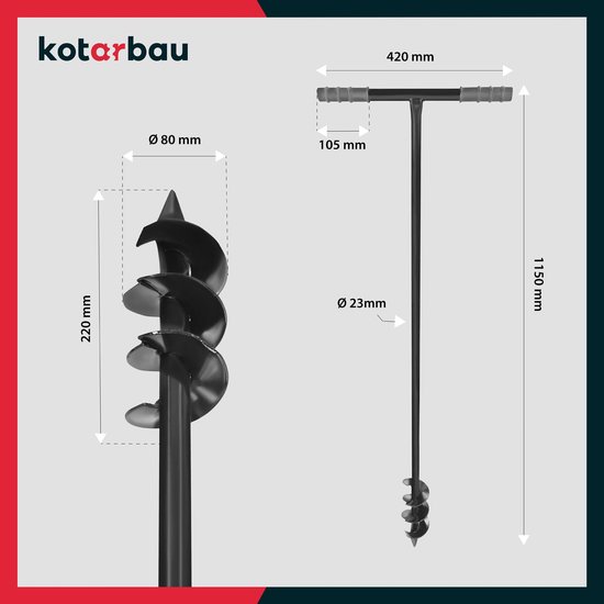 KOTARBAU® Handgrondboor, Palenboor, ⌀ 80 mm, Metaal, 115 cm, Zwart, Grondboor, Grondboor voor Hekpalen, Handboor voor Grond, T-Greep, Ergonomisch en Robuust, Tuinboor — afbeelding 3
