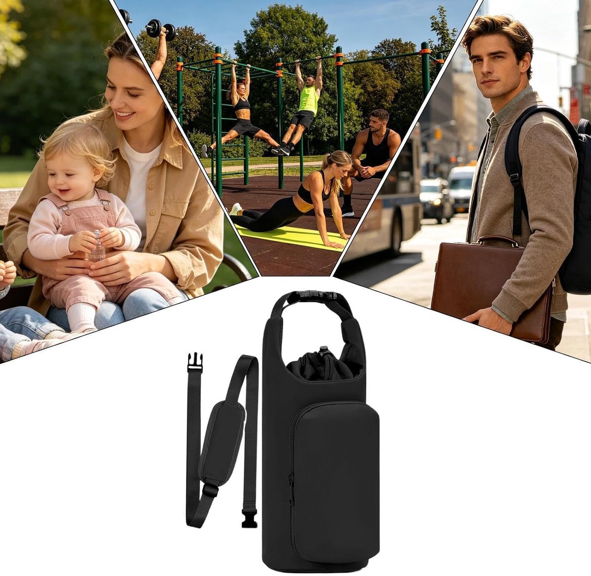 1 stuk - Tas voor waterfles - Geïsoleerde crossbodytas voor waterfles - Geschikt voor diverse situaties zoals fitness, sport, wandelen, buitenactiviteiten, reizen, strand, cruiseschepen, autogebruik, rugzak, kantoor en campus - 30x10x12cm - Zwart — cadeau in Sport & Outdoor - foto 8