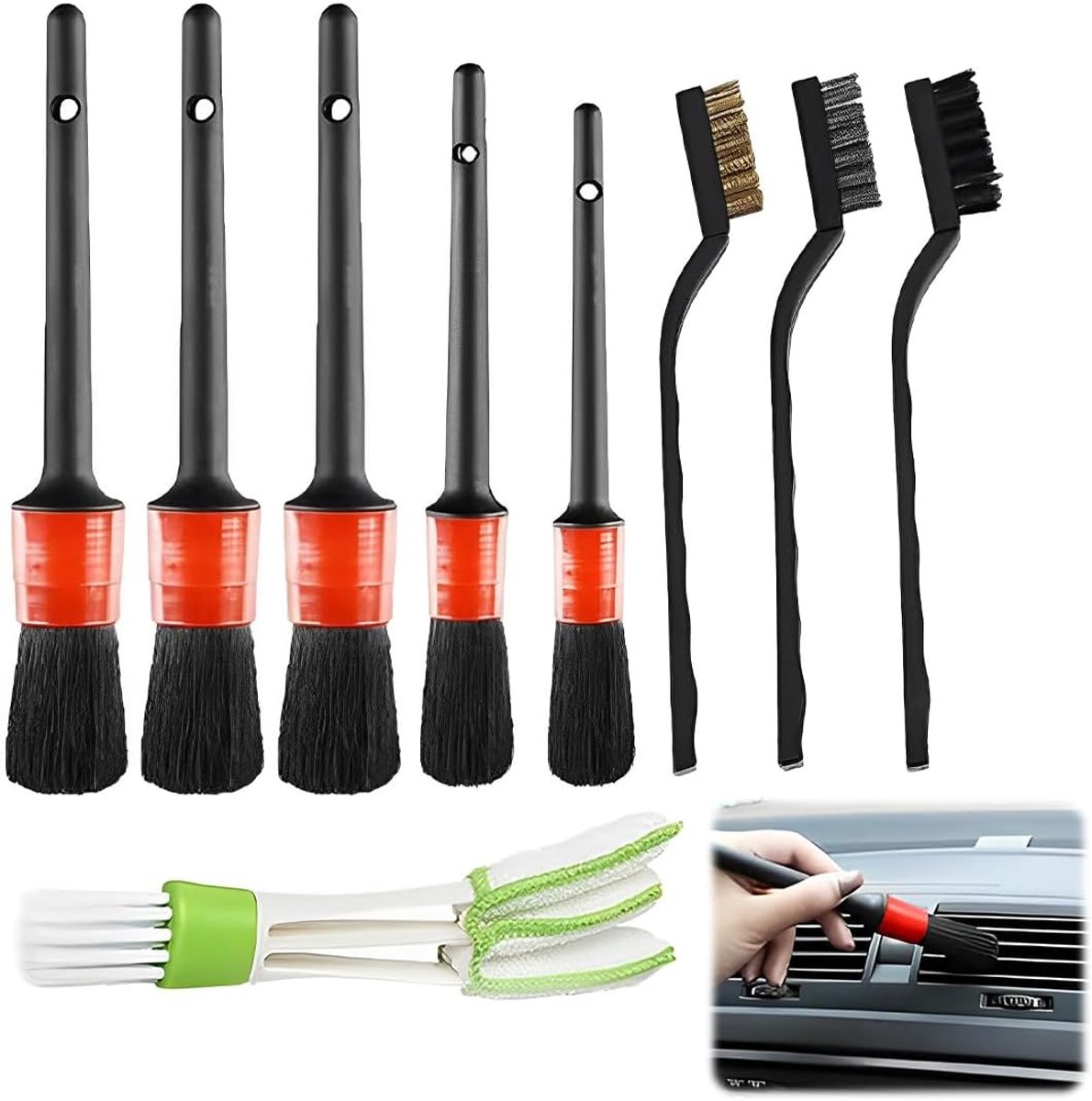 Reinigingsborstels Auto - Detailing Set - Auto Poetsen - Verschillende Maten - 9 Delig - Zwart