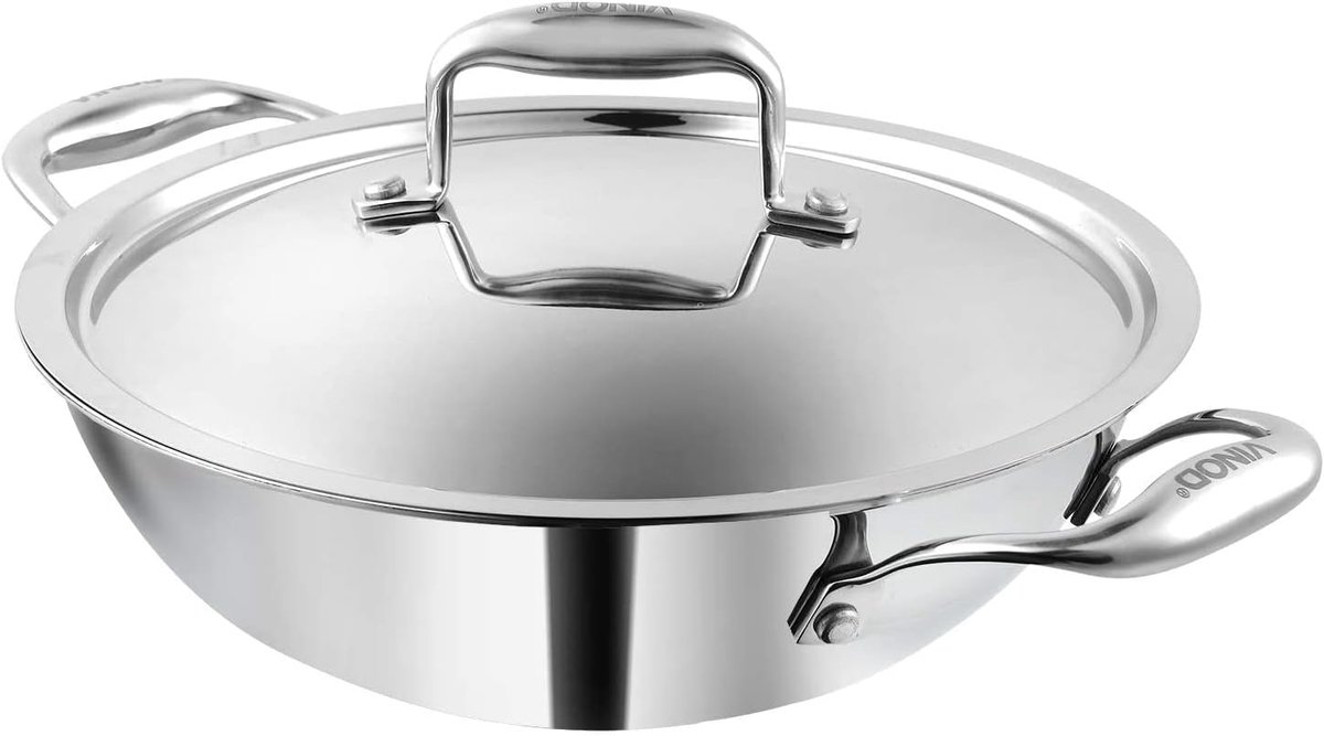 Roestvrijstalen Wokpan - Kadai Pan - Roerbakken en Koken - Tri Ply Constructie - 24 cm - Zilver