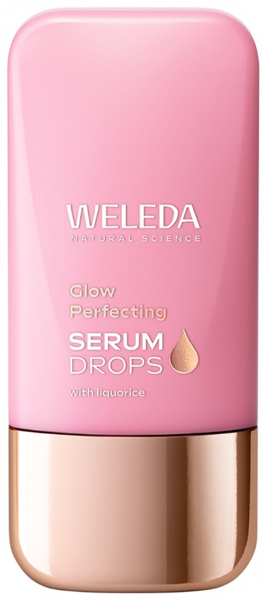WELEDA Glow Perfecting Serum Drops flesje in zachtroze met koperkleurige dop. "Glow Perfecting SERUM DROPS with liquorice" staat erop.