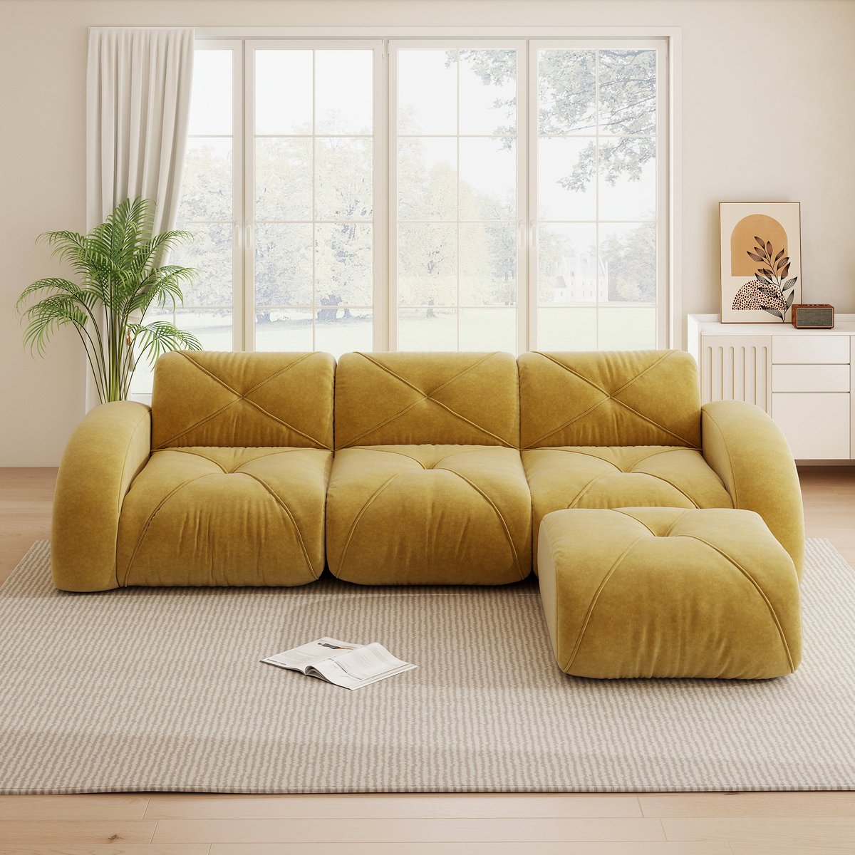 DESMIU Hoekbank 281 x 171 x 76 cm - Modulaire 3-Zits Met Voetenbank Zonder Montage - Voor Woonkamer - Chenille - Geel