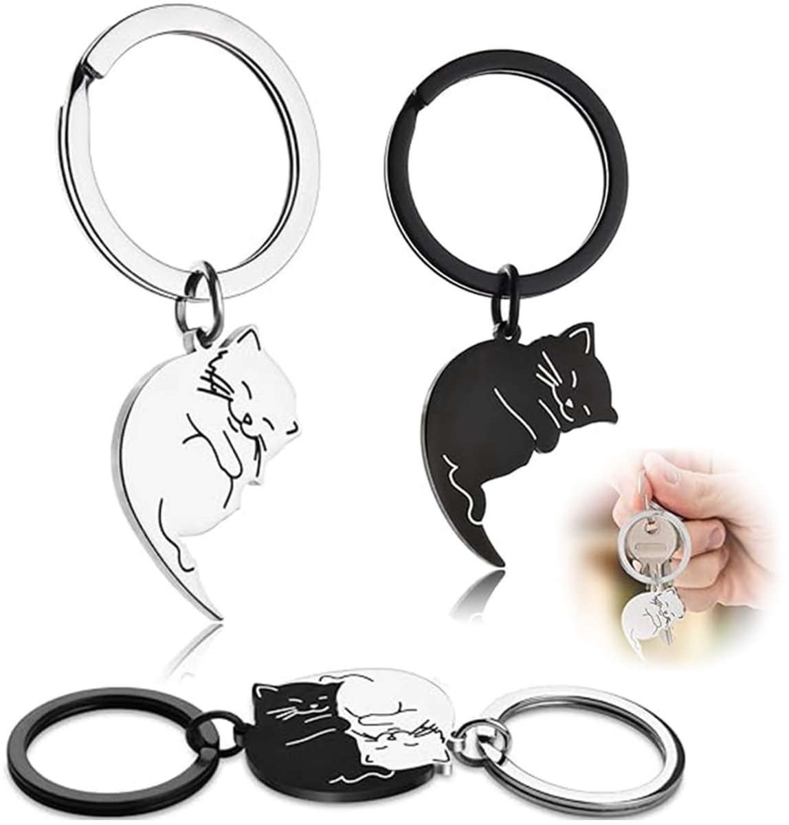 Dailygoods- Sleutelhangers Romantisch Cadeau - Kattenparen - Verjaardagscadeau - Jubileumcadeau - Cadeau voor Hem/Her - Roestvrij Staal - Sleutelring