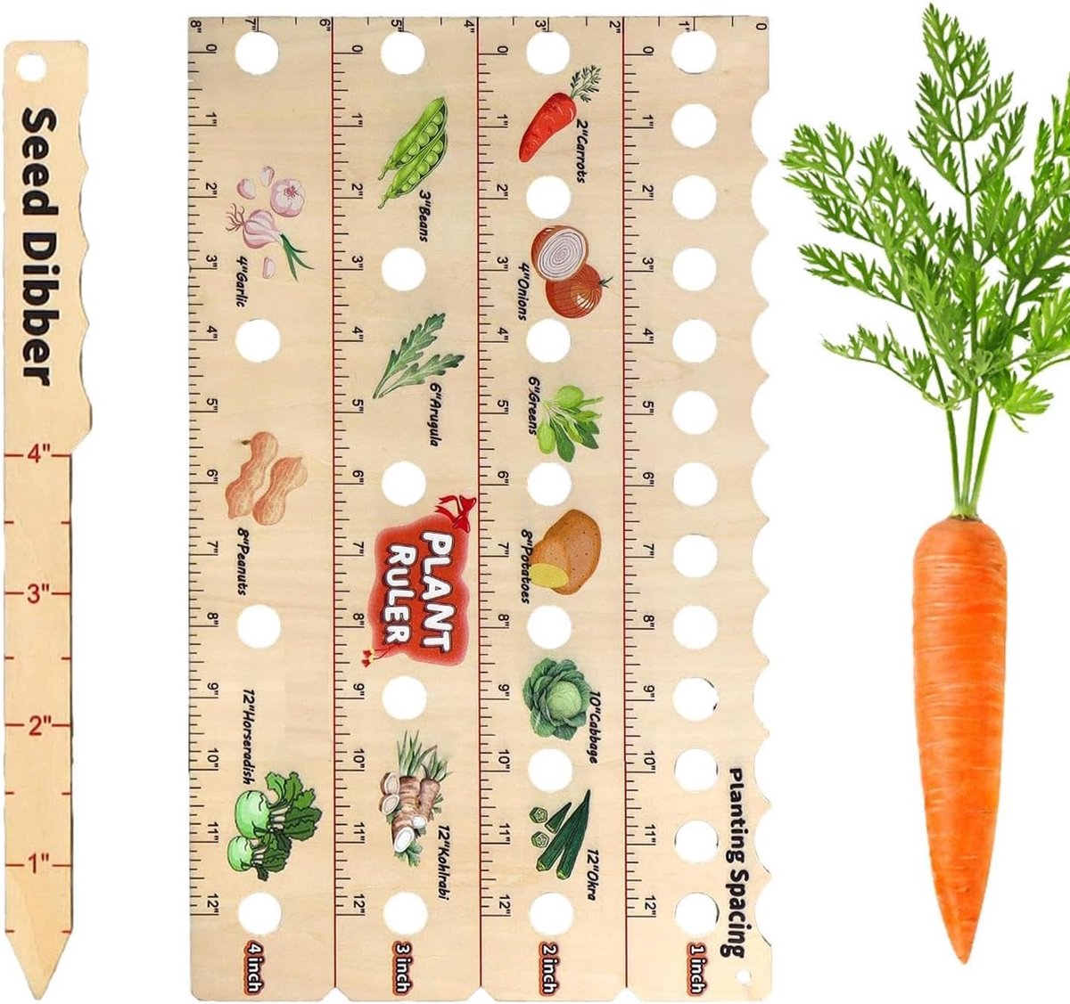 Houten Plant Liniaal - Zaailing Afstandhouder - Precies Planten - Gaten voor Diepte - 35x20 cm - Houtkleur