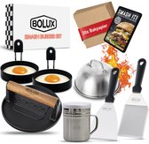 Bolux® Smash Burger Set - 8 delig - met gratis E-book - Hamburgerpers - Press - Gietijzer - BBQ Accesoires - RVS Spatel - Melting dome - 2x Eiringen - Rub shaker - Kamado - Vaderdag - Kerst - Cadeau - Vlees Gewicht