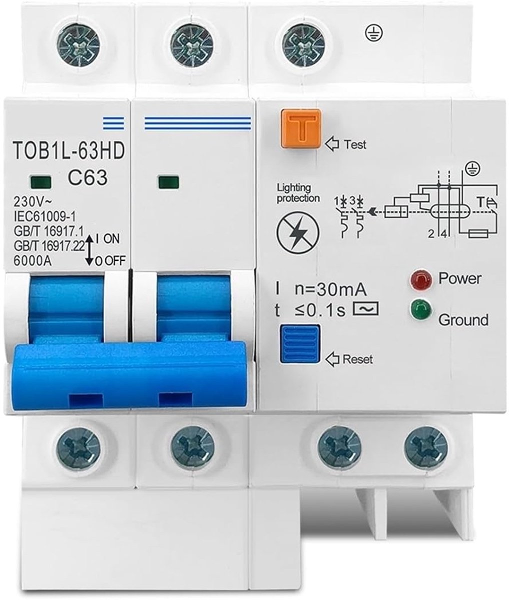 Hoofdschakelaar RCBO MCB - Aardlekschakelaar overspanning - Elektrische beveiliging - Plug-in ontwerp - 50 A - Grijs