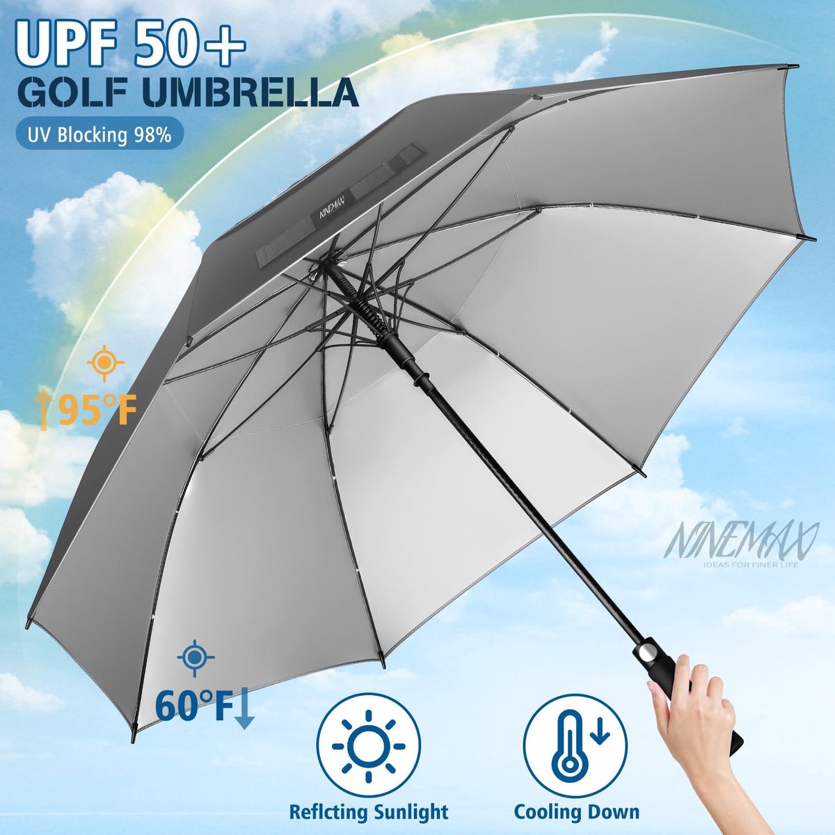 Dailygoods - NINEMAX UV Golf Paraplu Winddicht 175CM Golfparaplu Automatische Open Grote Storm,Double Canopy met Schouderband voor Familie Mannen(Zwart/Zilver) — cadeau in Mode & Accessoires - foto 6