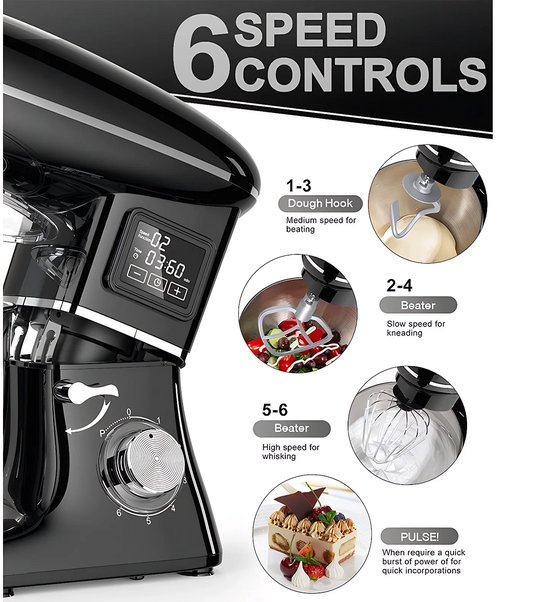 Keukenmachine 1500W - Standmixer 6,5L met LED Display - 6 Snelheden - RVS Mengkom - Zwart — afbeelding 2