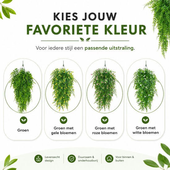 Vier hangplanten: groen, groen met gele bloemen, groen met roze bloemen, groen met witte bloemen.