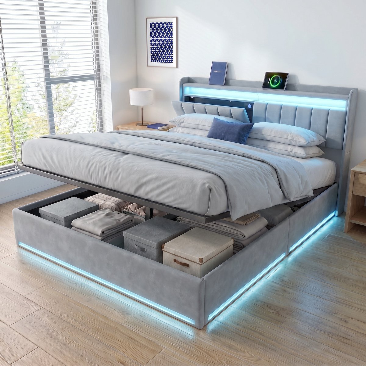 Mofor Gestoffeerd Opbergbed 160x200 cm - Tweepersoonsbed met RGB LED verlichting en USB - Lattenbodem - Fluwelen - Grijs
