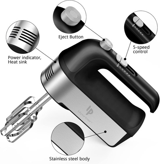 Elektrische Mixer - Keukenmixer Handmixer - Beslag en Room - 450W Krachtige Motor - 5 Snelheden - Zwart — afbeelding 5