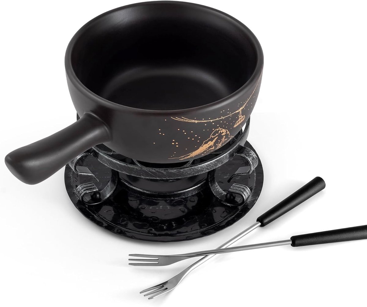 Keramische fondueset Kaasfondue set Gezellig Tafelen Oven magnetron brander 9 Delig Zwart