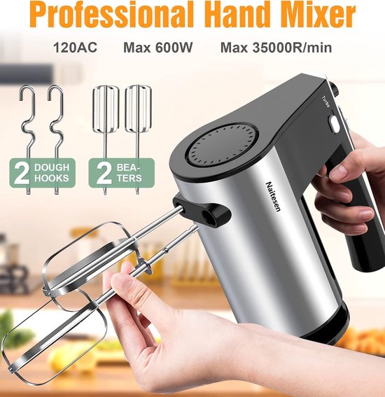 Elektrische Handmixer - Keukenmixer - Bakken en Koken - 10 Snelheden Turbo - 6 Mengkommen - Zilver — afbeelding 4