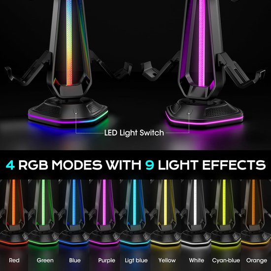 Controllerhouder Hoofdtelefoonstandaard - Gaming Accessoire - Bureau Organisatie - 9 RGB Lichtmodi - 4 Controllers 1 Headset - Zwart — afbeelding 4