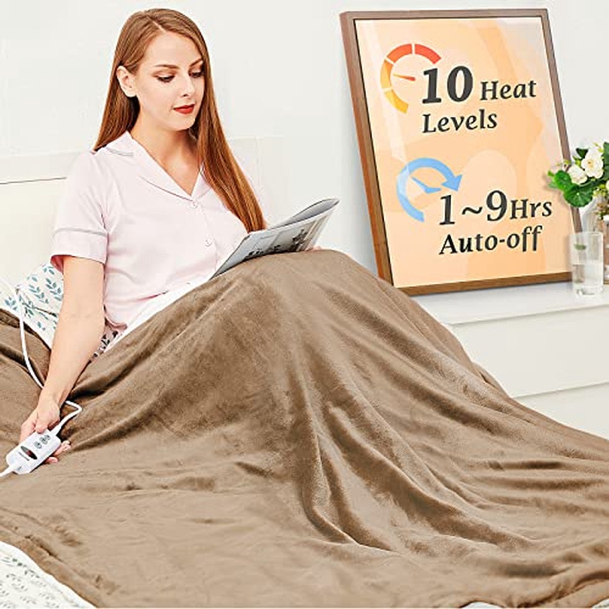 Elektrische deken - Verwarmde deken - Comfortabele warmte - 10 warmtestanden - 130 x 180 cm - Kaki