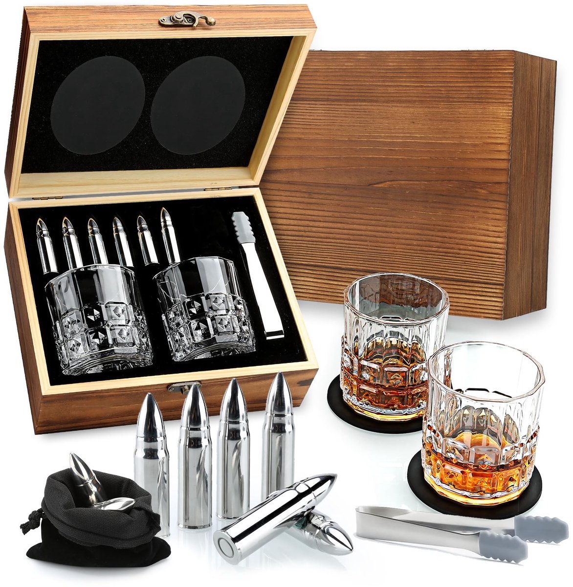 Dailygoods - Whisky Gift Set - 2 Whiskyglazen & 6 Whisky Stones in Houten Doos
