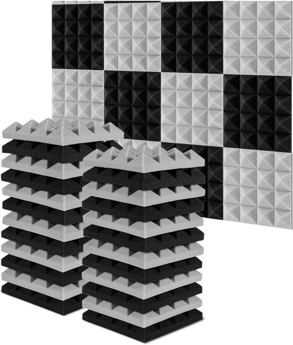 Akoestisch schuim - Geluidsisolatie panelen - Ruimte verbeteren - Gestandaardiseerde afmetingen - 24 stuks 25cm - Zwart en grijs