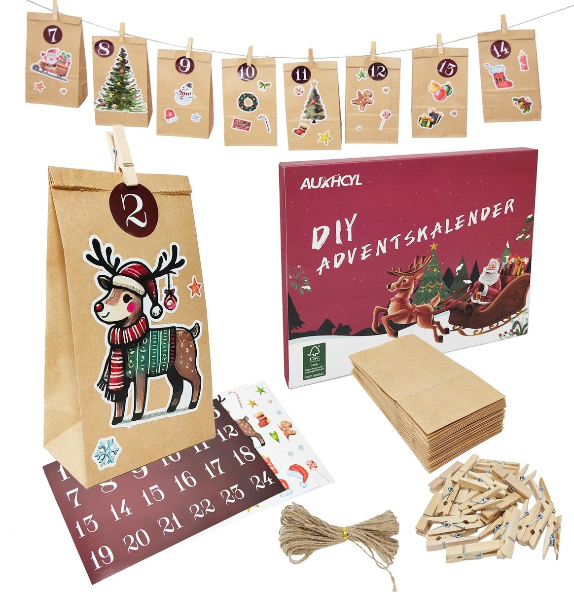 Dailygoods - AUXHCYL Adventskalender om te vullen met zakjes, 2025 kerstkalender zelf maken, 24 stuks DIY adventszakjes om te vullen, adventkalender zelf knutselen voor kinderen & volwassenen