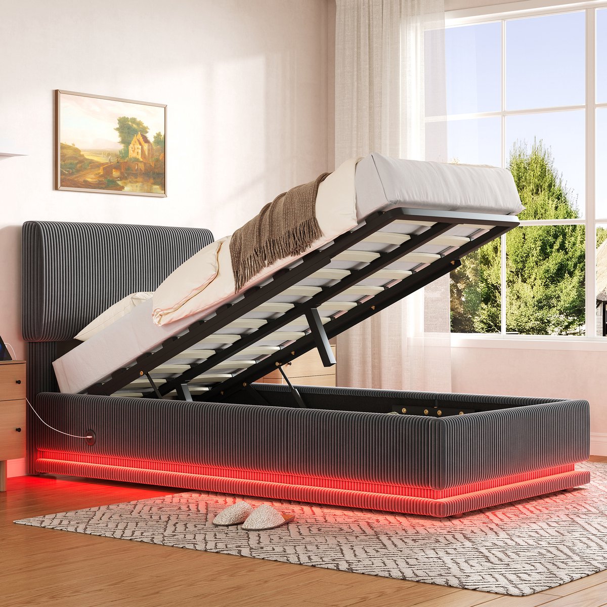 MEUNIQ gestoffeerd bed 90x200 cm met LED-verlichting, USB-C aansluiting, verstelbaar hoofdbord, lattenbodem en opbergruimte onder het bed voor slaapkamer, donkergrijs