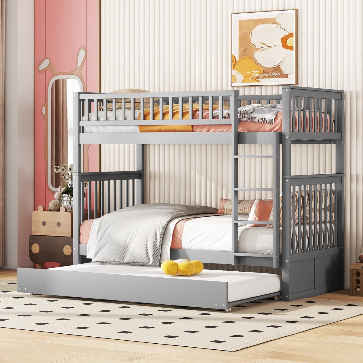 MEUNIQ stapelbed 90x200 cm met uitschuifbed en ladder, deelbaar kinderbed van grenenhout en MDF, hoge bedhekken, 205 x 95 x 160 cm, grijs