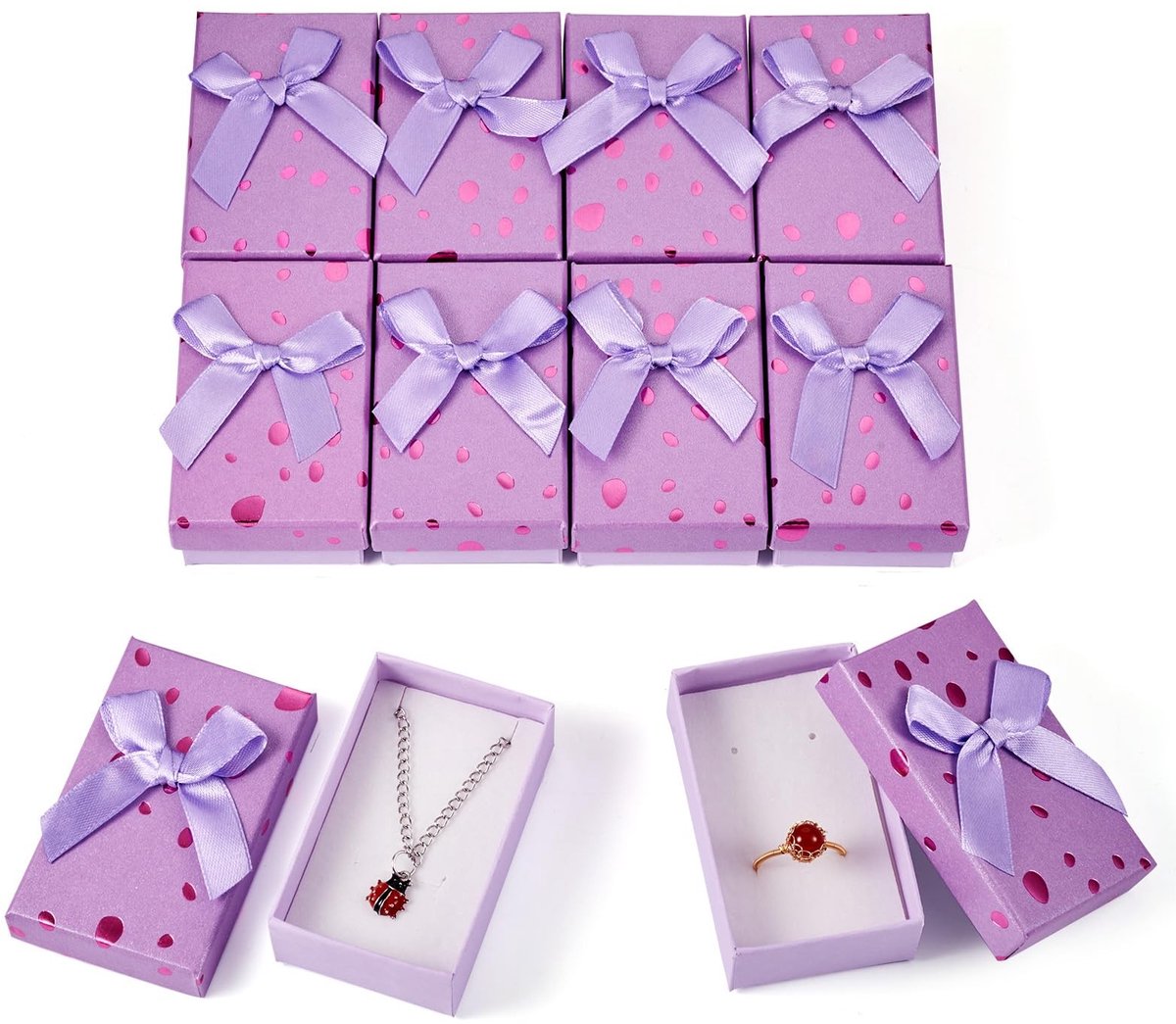 Dailygoods- Sieradenbox 12 Stuks - Kartonnen Dozen - Polka Dot Patroon - Met Strik - Lila - Afmetingen 8 x 5 cm - Cadeaudoos