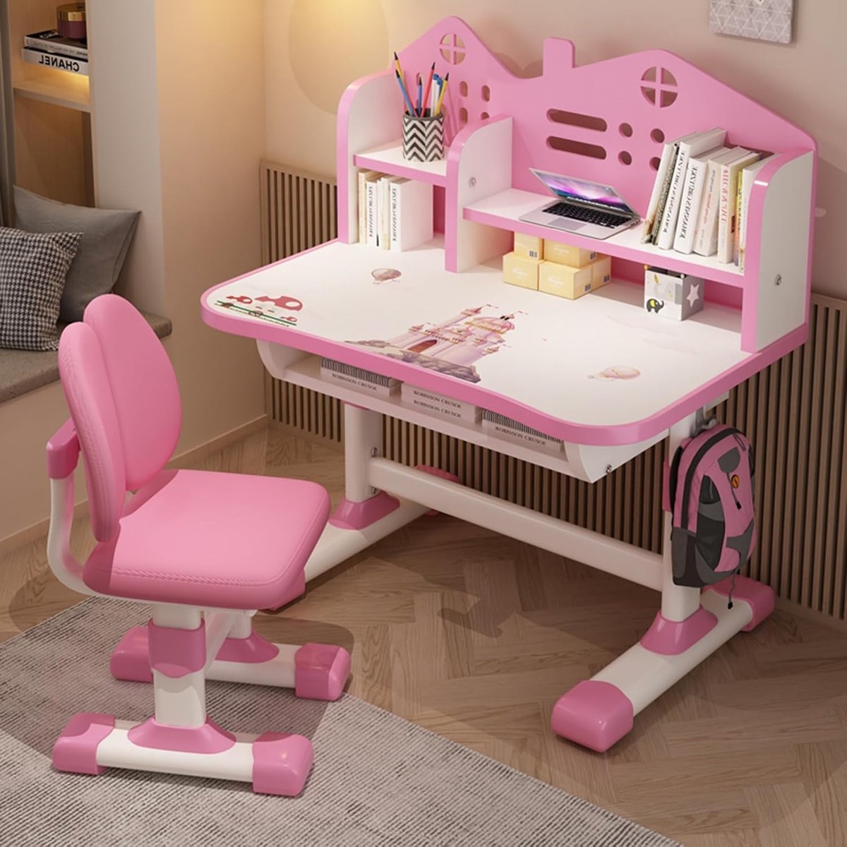 Bureau en stoel - Kinderwerkplek - Studeren en lezen - In hoogte verstelbaar - 105 cm breed - Roze