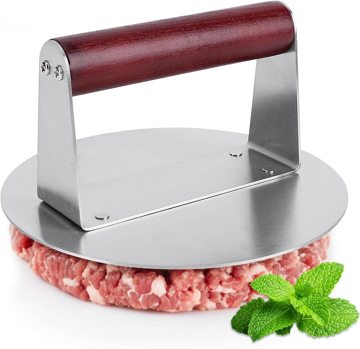 Burgerpers - Smash Burger Tool - Burgers Maken - Ergonomisch Hout Handvat - 16 cm Diameter - Zilver