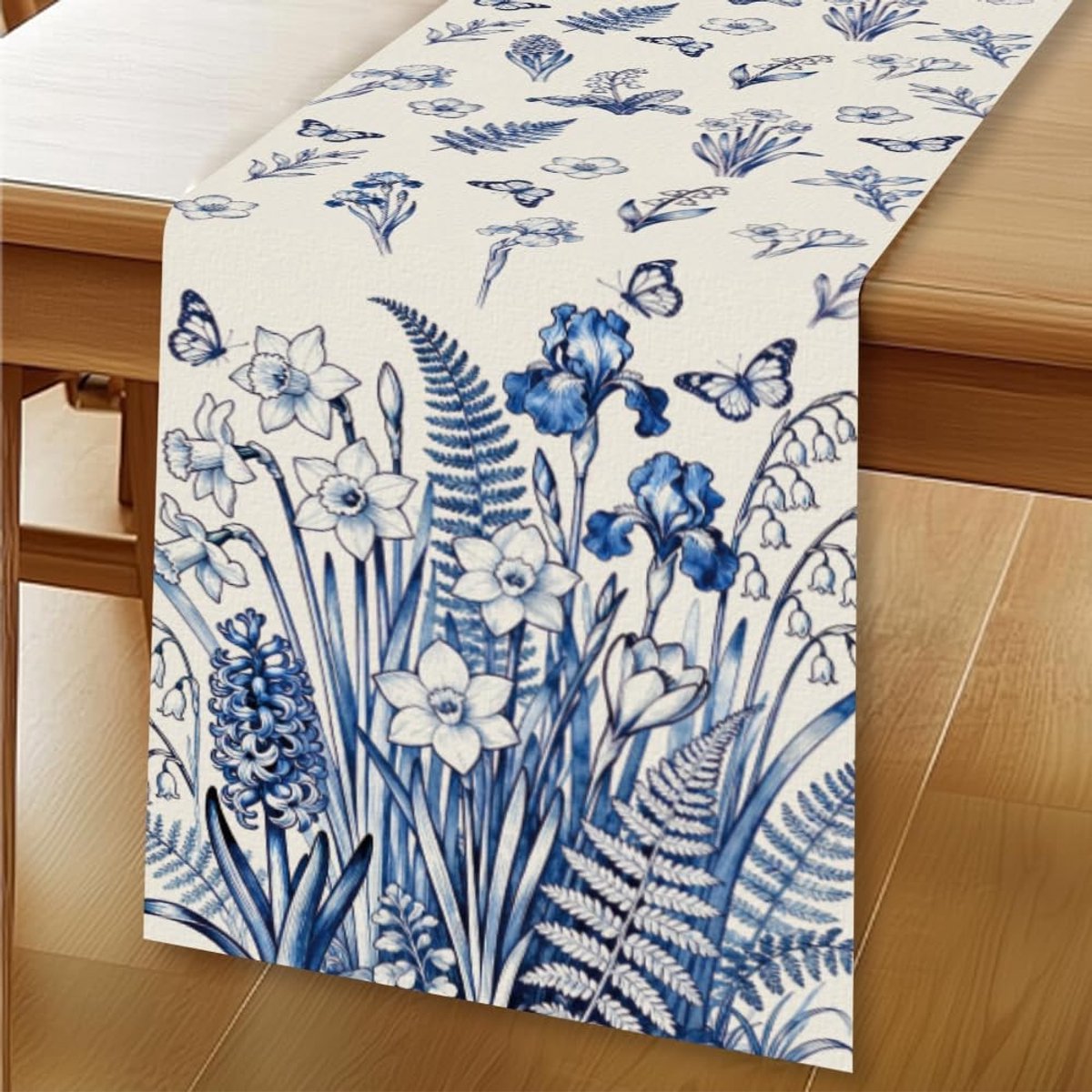 Dailygoods - WADORN Marineblauwe vlinder tafelloper met wilde bloemen, 30 x 183 cm seizoensgebonden lente zomer keuken eettafel decoratie kruiden bloemen chinoiserie tafels lopers voor thuis keuken vakantie