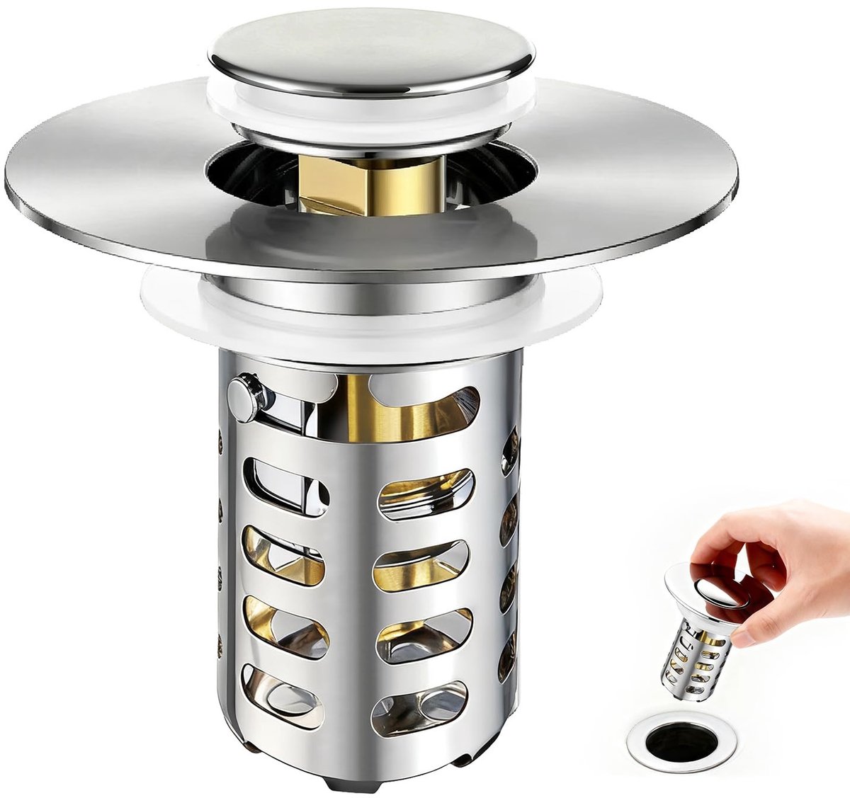 Dailygoods- Afvoerstop Verstoppingswerend - Pop-Up Afvoerstop - Messing Filter - Voor Wastafel/Bidet/Bad - Diameter 30-55mm - Inclusief Pakkingen - Afvoerplug