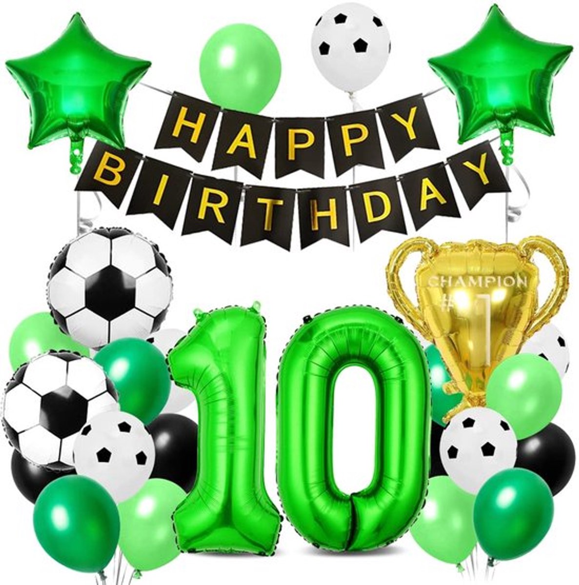 Voetbal Ballonnen - Verjaardagsdecoratie - Groene en Zwarte Ballonnen - Voetbal 10 Jaar - Feestartikelen voor Kinderen - Sportthema