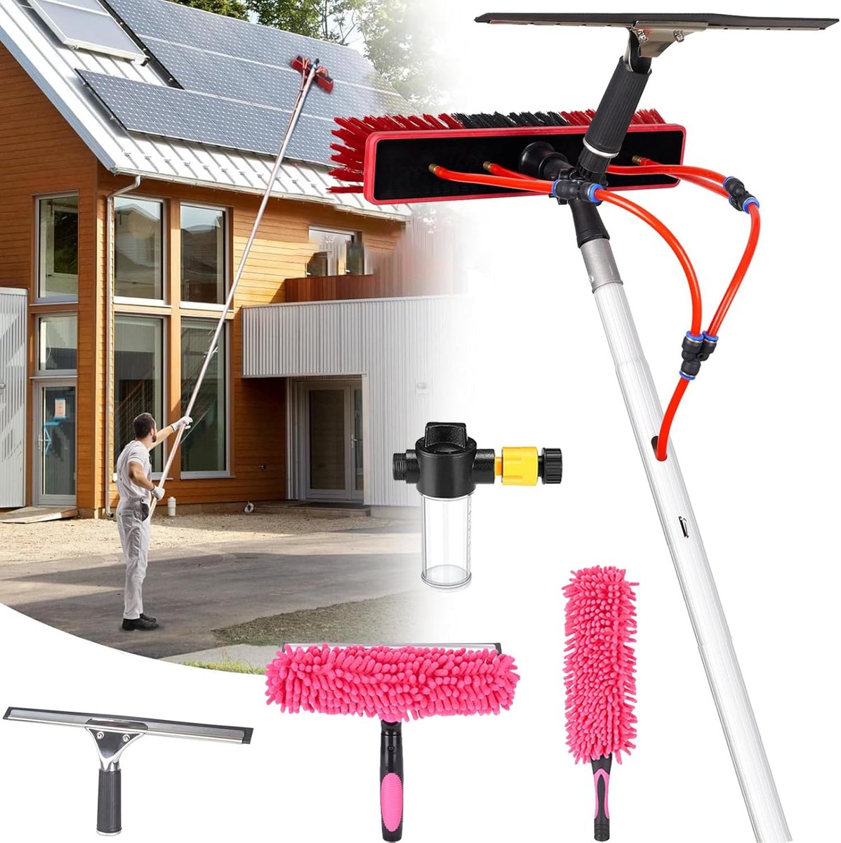 Telescopische Stangreiniging - Raamwisser Set - Hoge Oppervlakken Schoonmaken - Watergevoed Systeem - 20 Meter Slang - Zilver