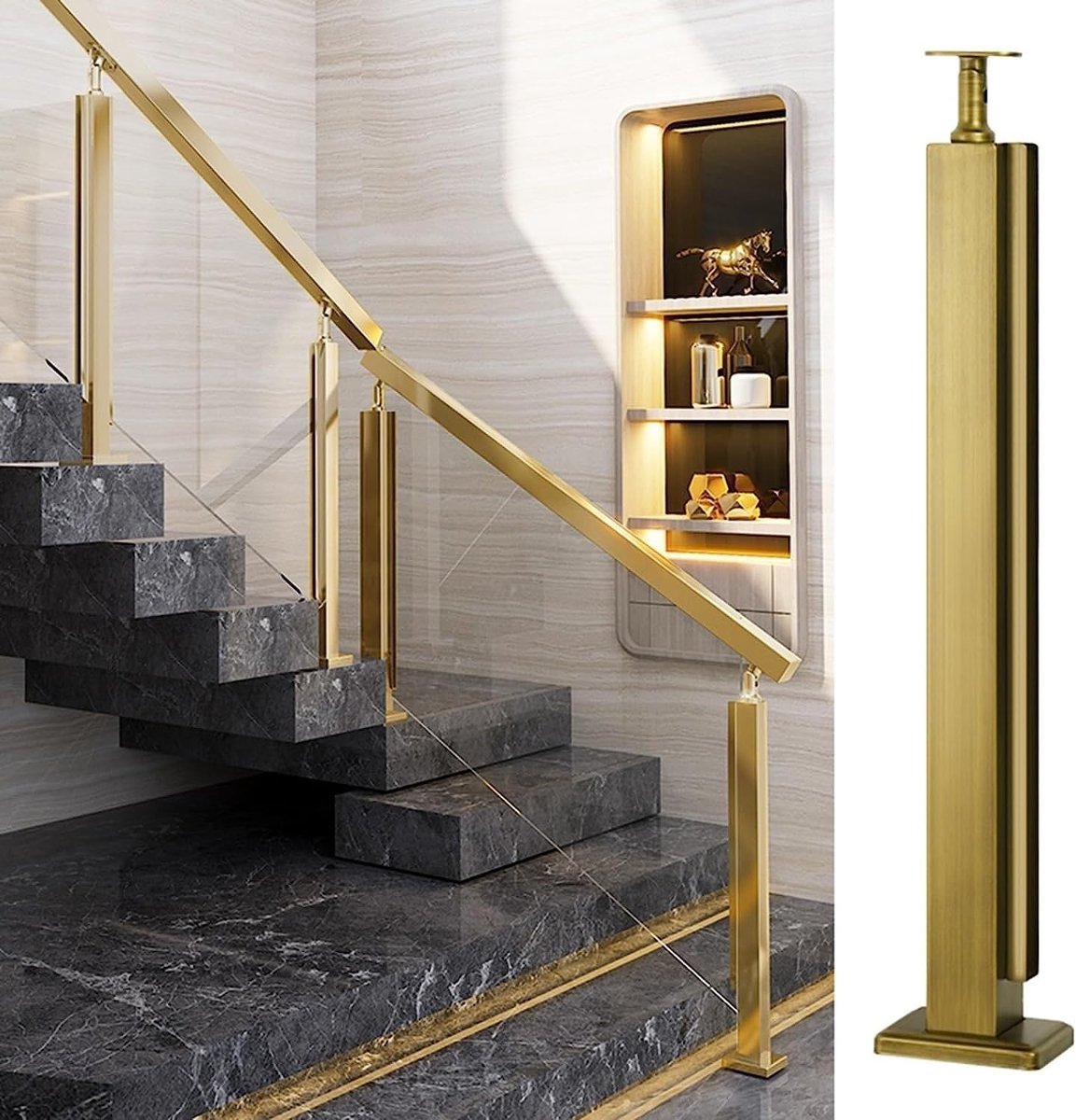 Glazen Leuning Paal - Balustrade Ondersteuning - Terras Afscherming - Verstelbare Hoekbeugel - 80cm Hoog - Goud