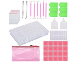 Dailygoods- Diamond Painting Accessoireset 69 Stuks - Opbergdoos met 28 Sleuven - Diamantschilderstiften - Pincet - Sorteerschalen - Complete Gereedschapsset - Diamant Schilderen