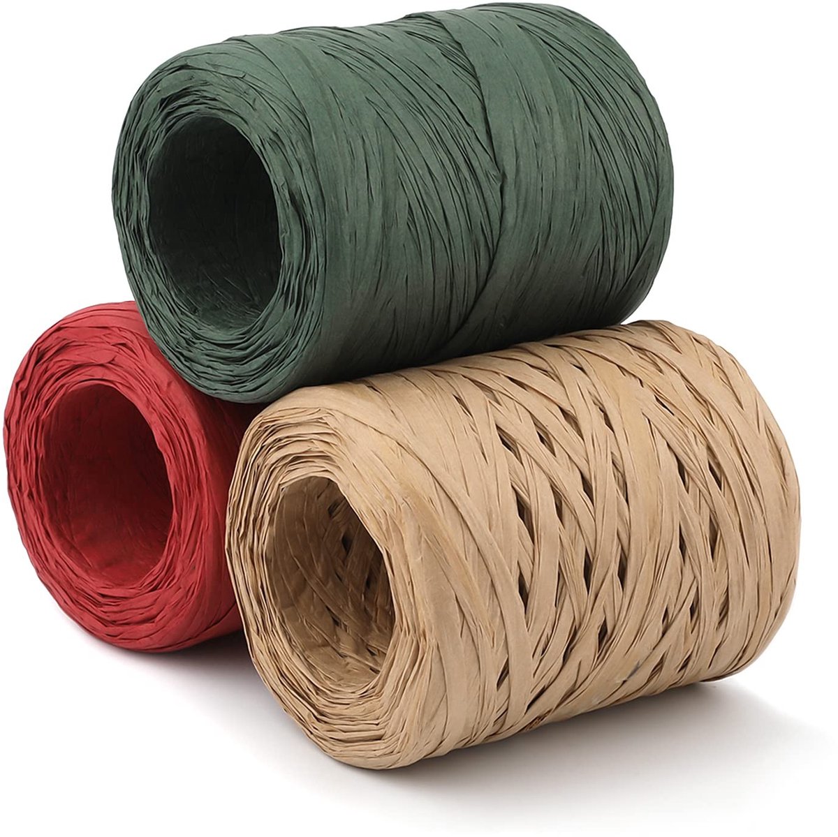 Dailygoods- Raffia Papier Lint 3 Rollen - 100m per Rol - Kerstdecoratie - Cadeaulint - Sierlint - Papier Materiaal - Groen/Rood/Kraftkleur