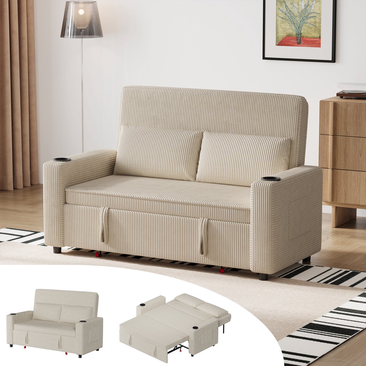 Devoko uitschuifbare slaapbank 160 x 93 x 86 cm - extra dik kussen met verenpakket, ruim en comfortabel - Beige