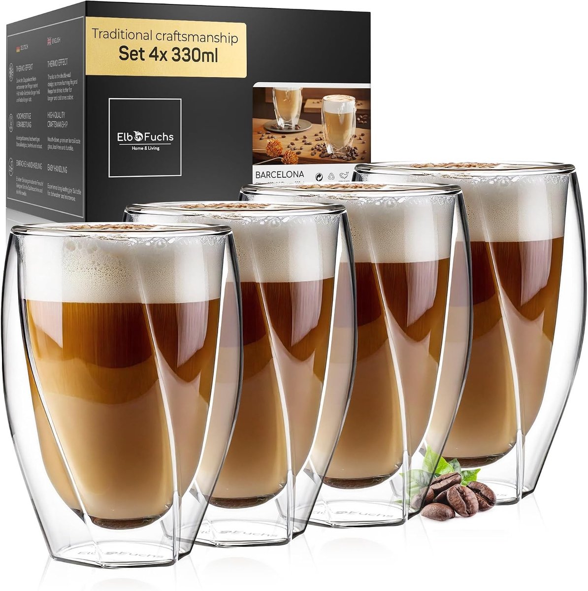 Ijskoffie glazen - 05 Barcelona - 330 ml - Dubbelwandig Kristalglas - Set van 4 voor Warme en Koude Dranken