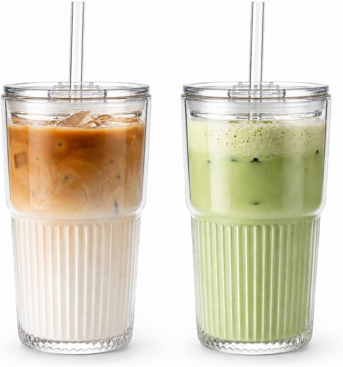 Ijskoffie glazen - Transparant - 450 ml - Gegroefd Glas met Deksel en Rietje - Voor Smoothies en Long Drink