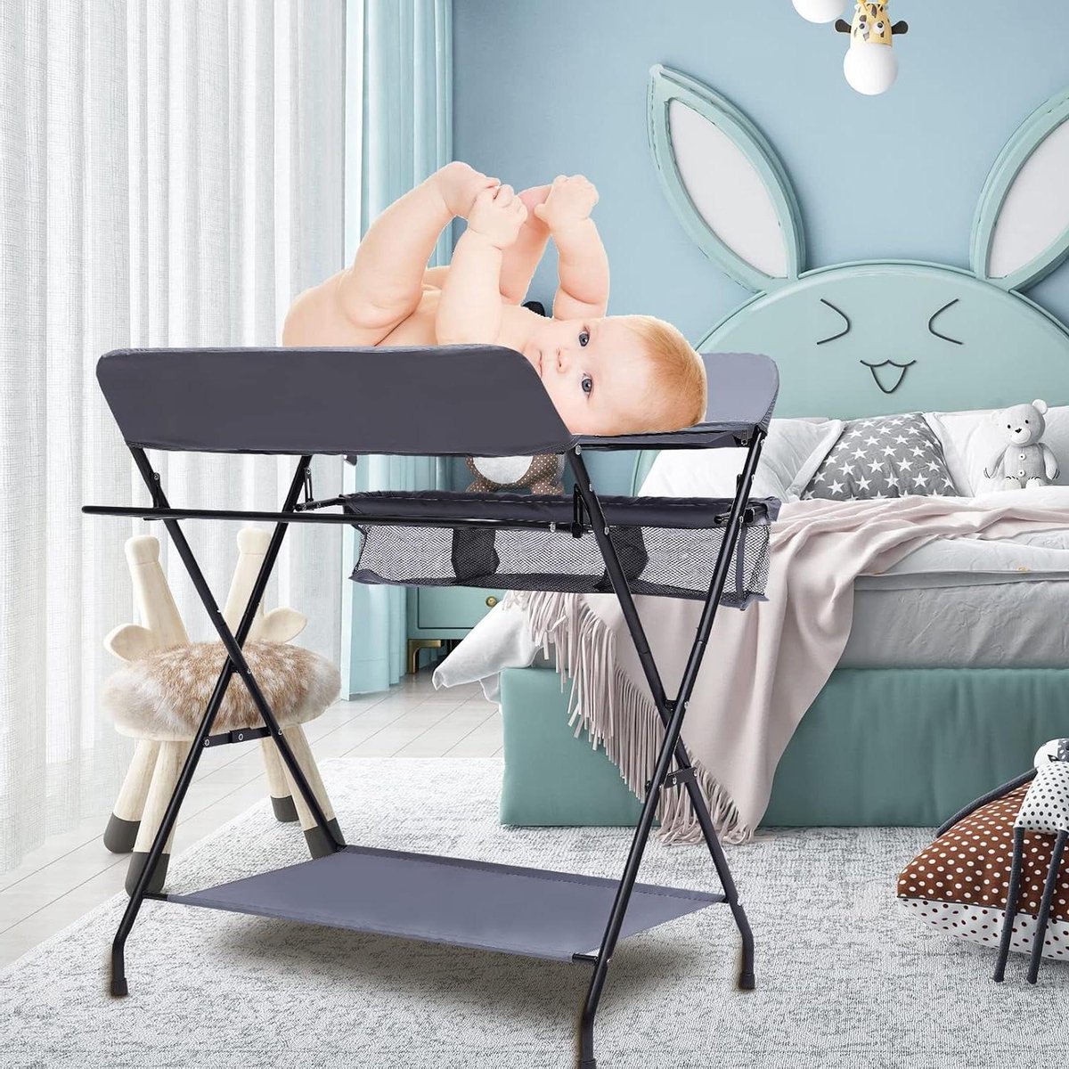 Babycommode met wielen - Luierstation Opvouwbaar - Babyverzorging Thuis - In Hoogte Verstelbaar - 80x63x96 cm - Grijs