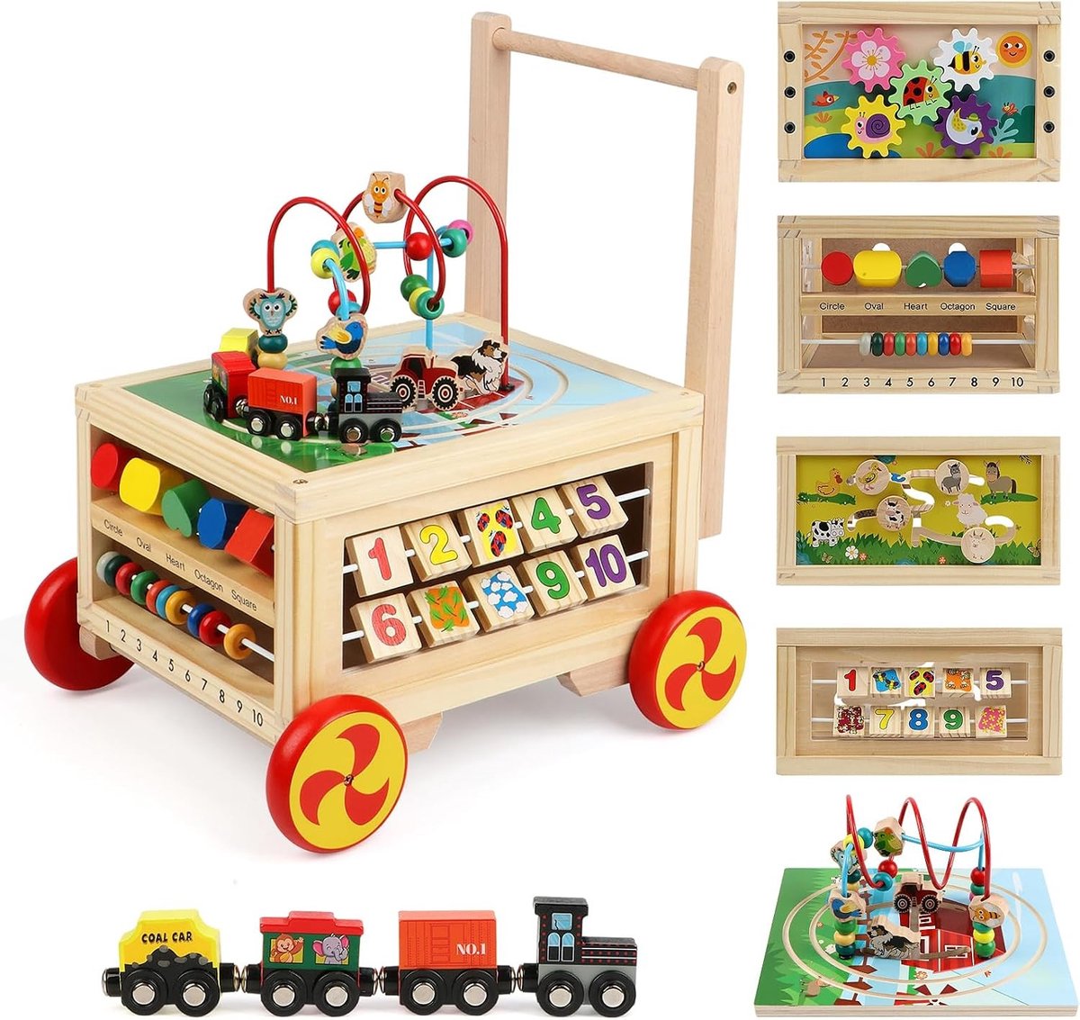 Activiteitenkubus van Hout met Wielen voor Kinderen - Speelgoed voor Ontwikkeling, Motoriek en Creativiteit