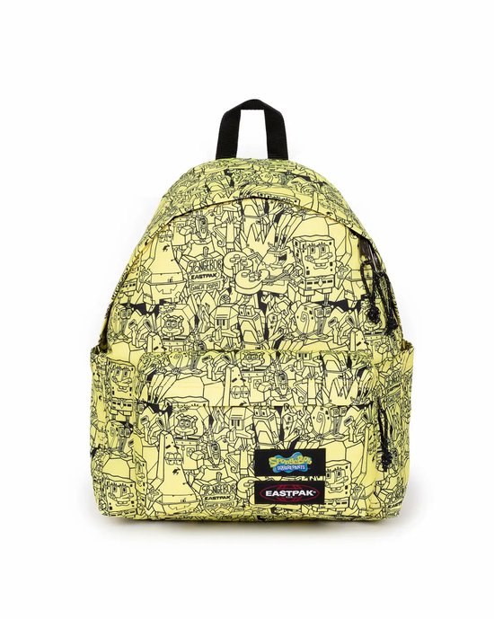 Gele Eastpak rugzak met een all-over print van Spongebob-figuren. Voorvak met Eastpak-logo.