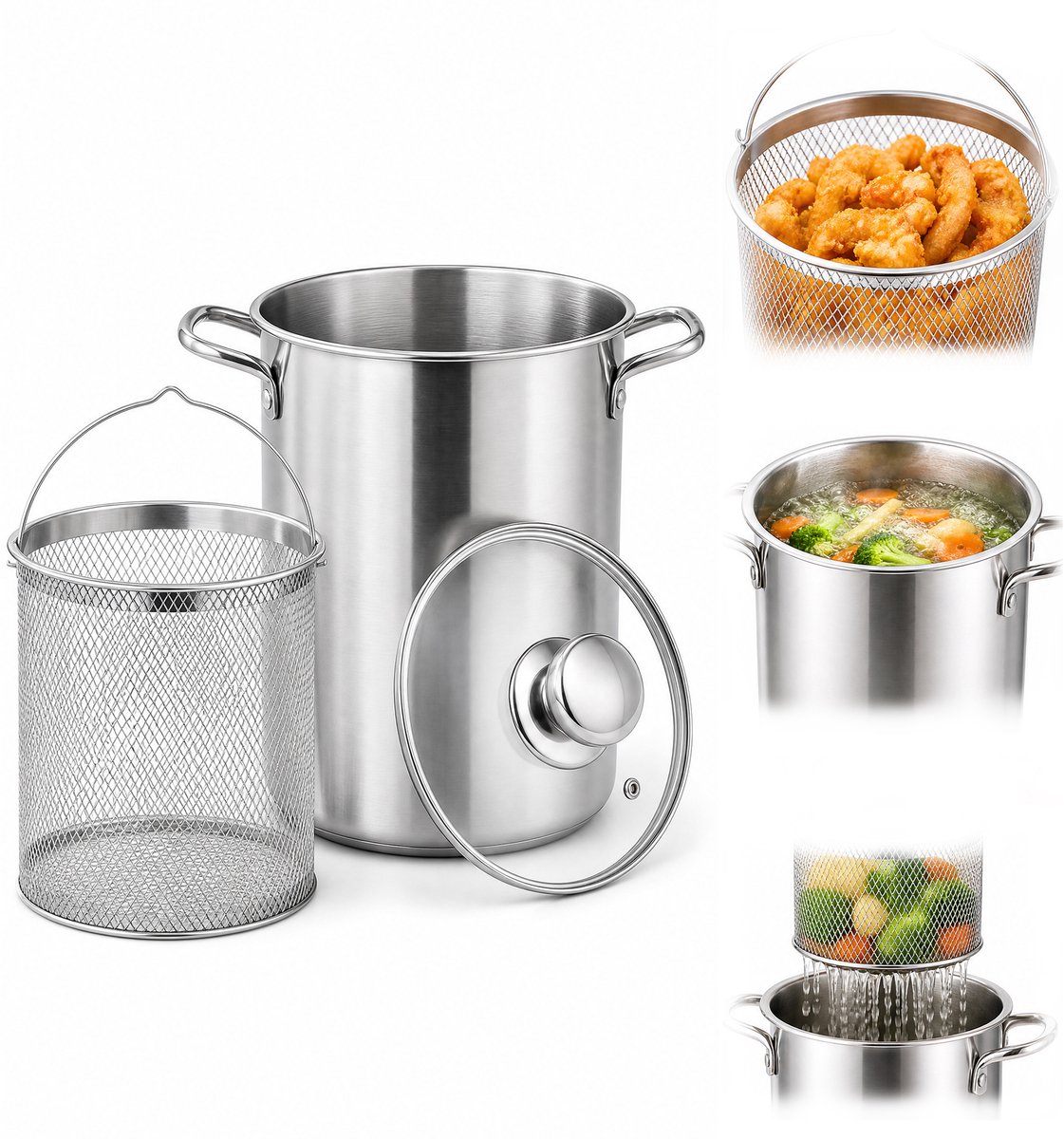 304 roestvrijstalen frituurpan met filter Keuken oliepan Diepe rechte frituurpot Multifunctionele kookpan Zonder coating Met glazen deksel