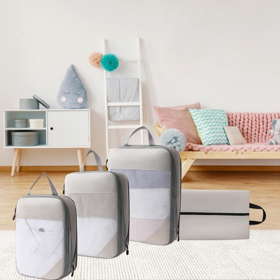 MODFU Compressiezakken voor Kleding - 4-delige Reis Set met 3 Cubes & 1 Schoenentas - Ruimtebesparend & Waterdicht - Oxford Stof - Lichtblauw - 38x28x4 cm van Modfu — afbeelding 2