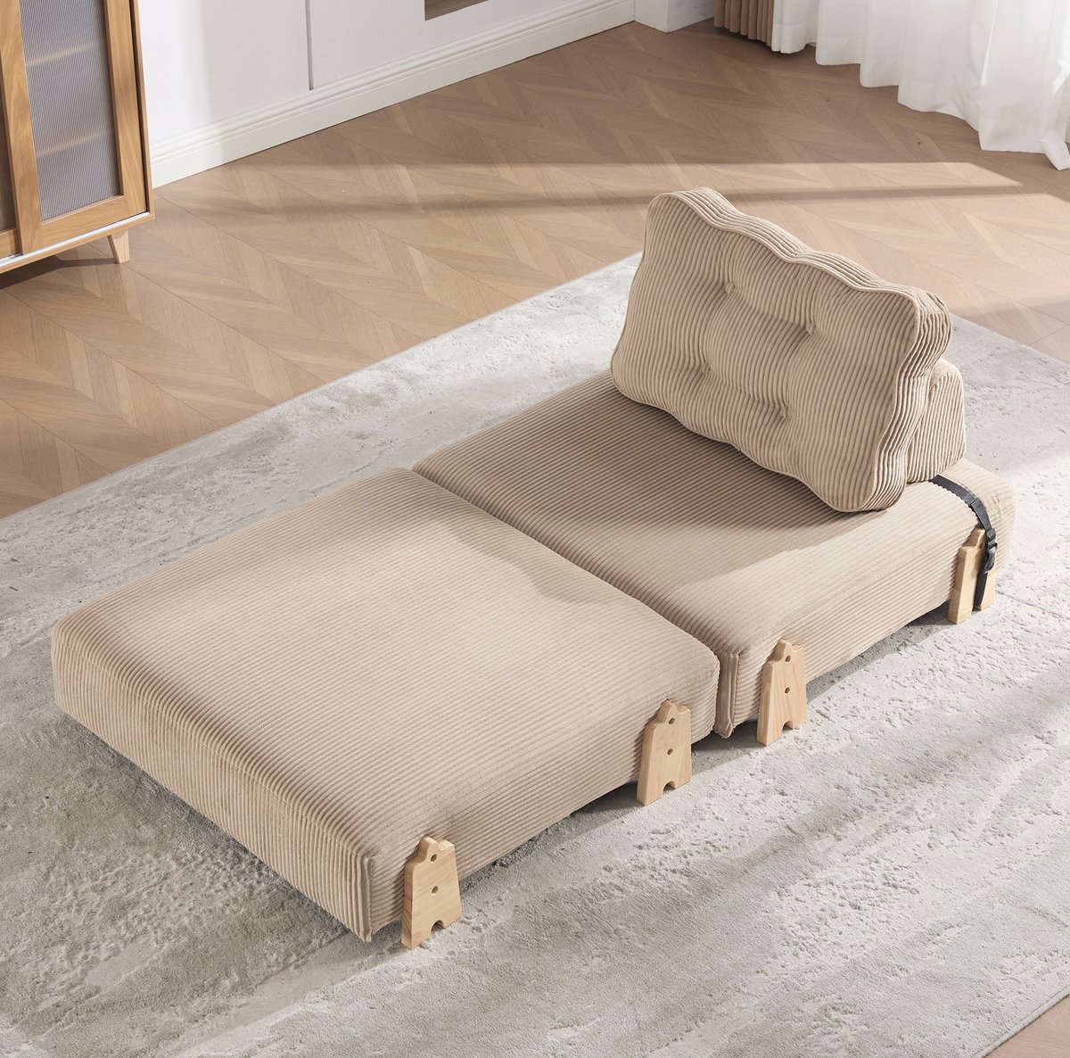 Wishdor Fauteuil - 1-zits slaapstoel - Handmatig opvouwbaar - Scandinavisch - Corduroy - Houten poten - Kaki - 90 x 86 x 84 cm