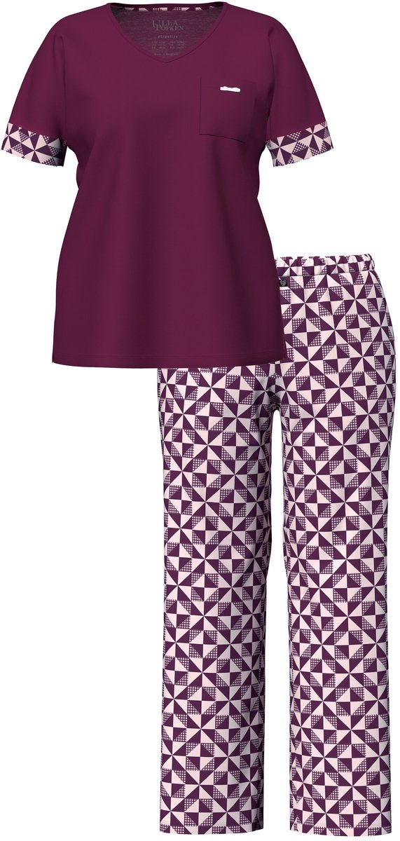 Ulla Popken Dames - Pyjama ruitjespatroon V-hals korte mouw - Donker bes - Maat 58+