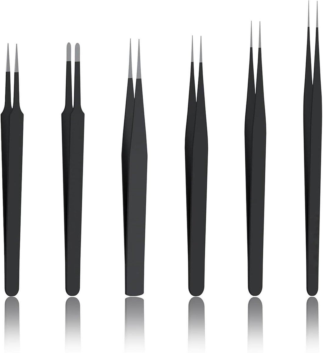 Set van 6 precisiepincetten van roestvrij staal voor juwelen maken, elektronica reparatie en manicure, antistatisch en met ergonomische grip, inclusief gebogen en rechte tips voor knutselen