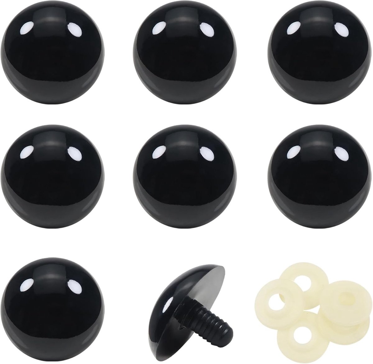 16 Stuks Veiligheidsogen 40 mm voor Amigurumi, Pluche Poppen, Haakdieren en DIY Creaties, Ronde Zwarte Ogen met Wasjes