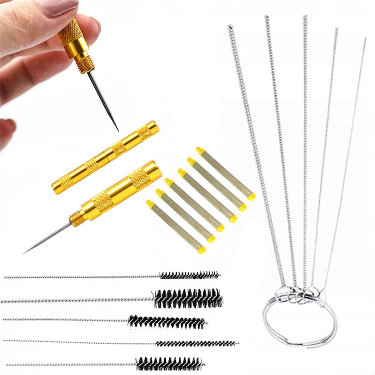 Rosfix Reinigingsset Spuitpistool - Onderhoud - 6 Vingerfilters 100 Mesh, 5 Borstels, 5 Metalen