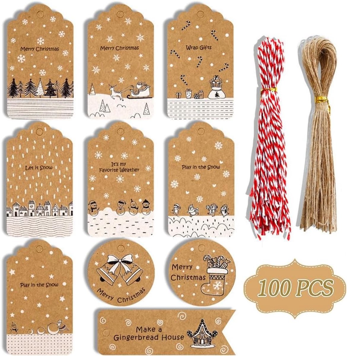 Set van 100 kerstcadeau labels van kraftpapier, ideale kerstversiering en etiketten voor geschenken