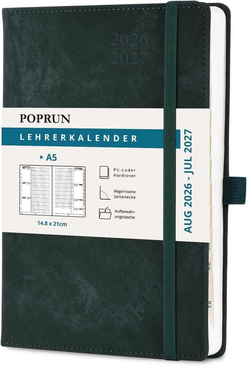 Lerarenagenda 2026-2027 - Mosgroen - A5 (21,5 x 15,3 cm) - Hardcover PU-leer - Voor onderwijsvoorbereiding